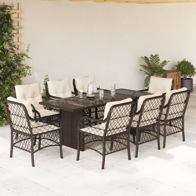 vidaXL 9-tlg. Garten-Essgruppe mit Kissen Braun Poly Rattan