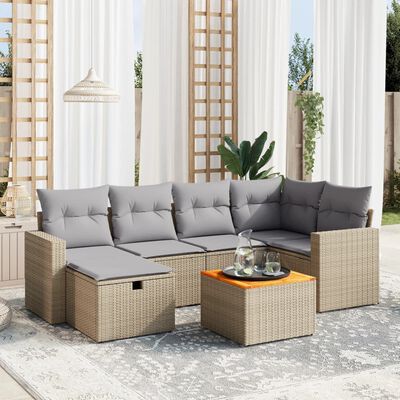 vidaXL 7-tlg. Garten-Sofagarnitur mit Kissen Beige Poly Rattan