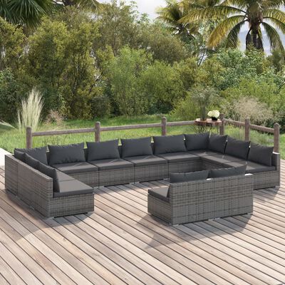 vidaXL 12-tlg. Garten-Lounge-Set mit Kissen Grau Poly Rattan