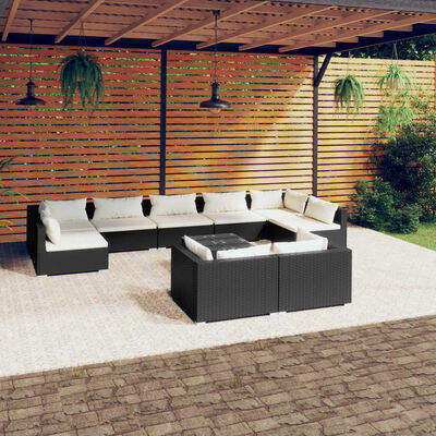 vidaXL 10-tlg. Garten-Lounge-Set mit Kissen Schwarz Poly Rattan