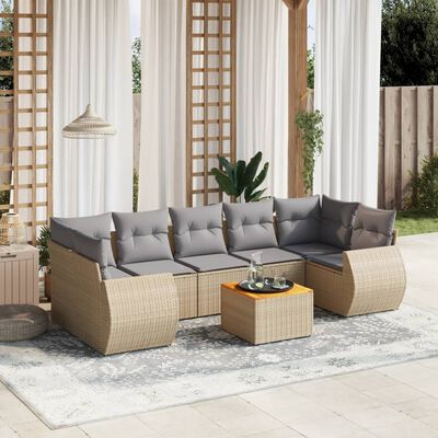 vidaXL 8-tlg. Garten-Sofagarnitur mit Kissen Beige Poly Rattan