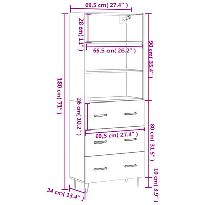 vidaXL Highboard Braun Eichen-Optik 69,5x34x180 cm Holzwerkstoff