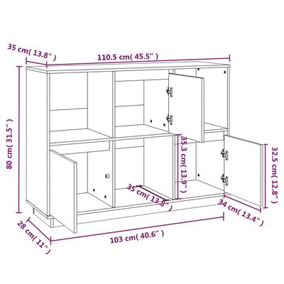 vidaXL Sideboard Schwarz 110,5x35x80 cm Massivholz Kiefer