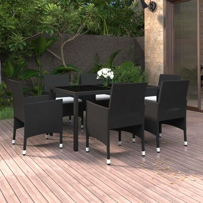 vidaXL 7-tlg. Garten-Essgruppe Poly Rattan und Hartglas Schwarz