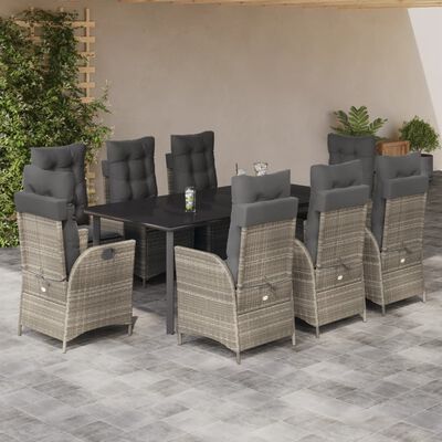 vidaXL 9-tlg. Garten-Essgruppe mit Kissen Hellgrau Poly Rattan