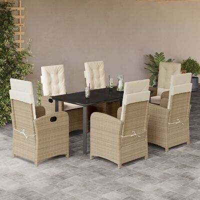 vidaXL 7-tlg. Garten-Essgruppe mit Kissen Beige Poly Rattan