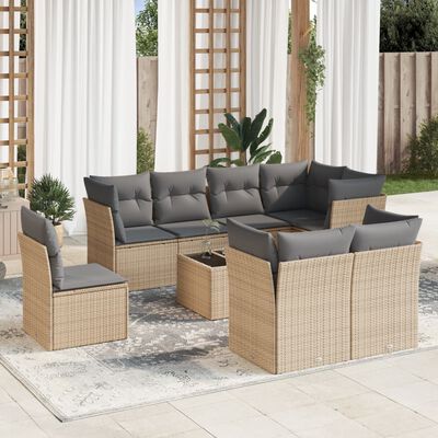 vidaXL 9-tlg. Garten-Sofagarnitur mit Kissen Beige Poly Rattan