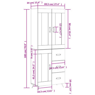 vidaXL Highboard Grau Sonoma 69,5x34x180 cm Holzwerkstoff