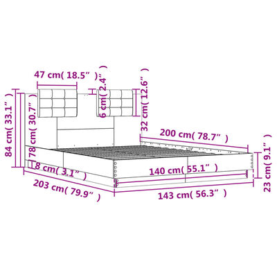 vidaXL Bettgestell mit Kopfteil Grau Sonoma 140x200 cm Holzwerkstoff