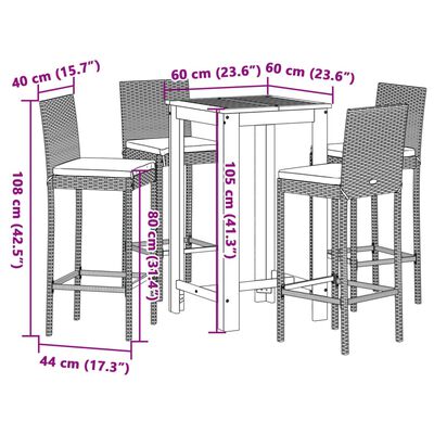 vidaXL 5-tlg. Gartenbar-Set Schwarz Massivholz Akazie und Poly Rattan