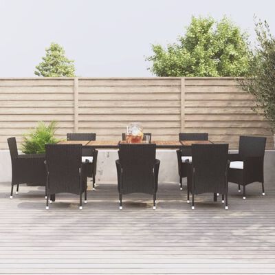 vidaXL 9-tlg. Garten-Essgruppe mit Kissen Schwarz Poly Rattan