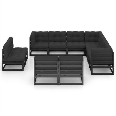 vidaXL 11-tlg. Garten-Lounge-Set mit Kissen Schwarz Kiefer Massivholz