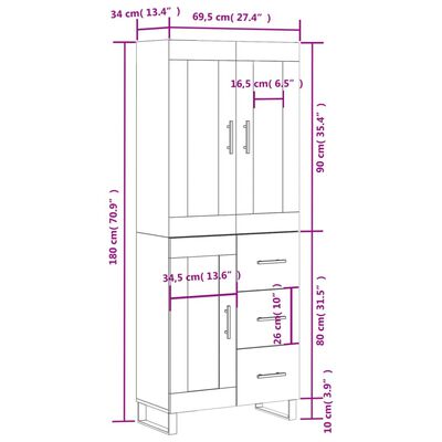 vidaXL Highboard Braun Eichen-Optik 69,5x34x180 cm Holzwerkstoff