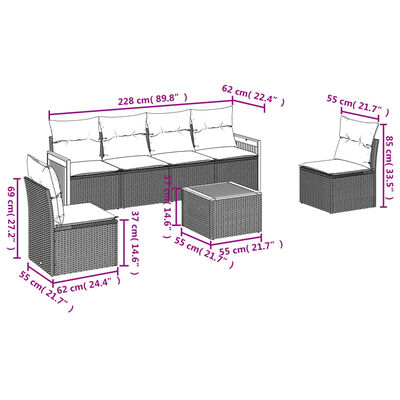 vidaXL 7-tlg. Garten-Sofagarnitur mit Kissen Schwarz Poly Rattan