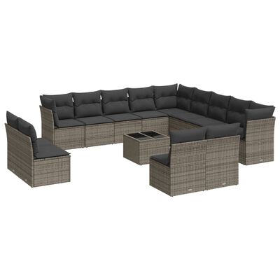 vidaXL 14-tlg. Garten-Sofagarnitur mit Kissen Grau Poly Rattan