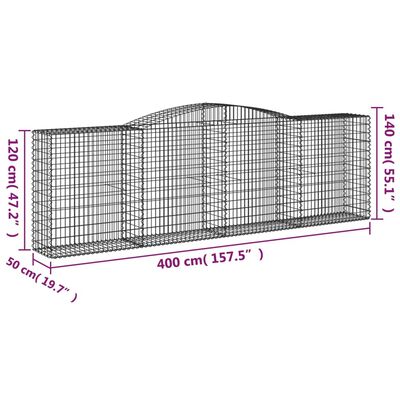 vidaXL Gabionen mit Hochbogen 3 Stk. 400x50x120/140cm Verzinktes Eisen