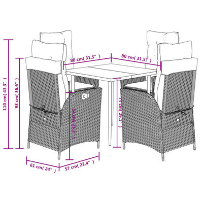 vidaXL 5-tlg. Garten-Essgruppe mit Kissen Schwarz Poly Rattan