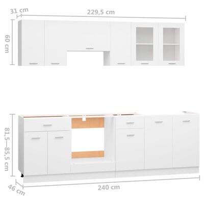 vidaXL 8-tlg. Küchenzeile Weiß Holzwerkstoff