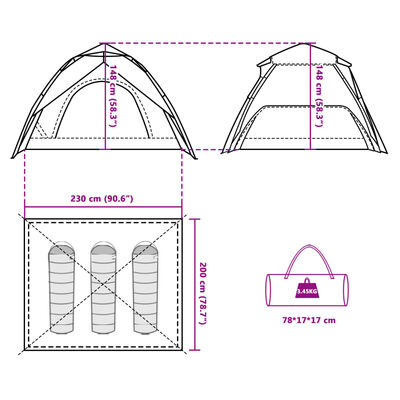 vidaXL Kuppel-Campingzelt 3 Personen Grau und Orange Quick Release