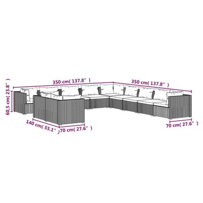 vidaXL 11-tlg. Garten-Lounge-Set mit Kissen Schwarz Poly Rattan