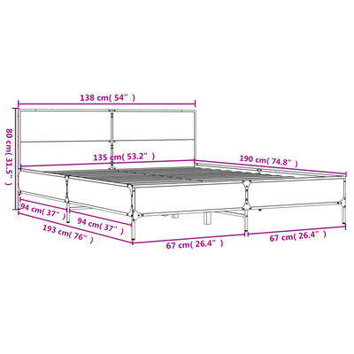 vidaXL Bettgestell Räuchereiche 135x190 cm Holzwerkstoff und Metall