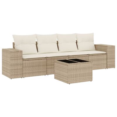 vidaXL 5-tlg. Garten-Sofagarnitur mit Kissen Beige Poly Rattan