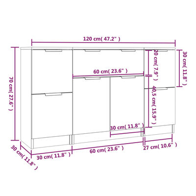 vidaXL Sideboards 3 Stk. Betongrau Holzwerkstoff