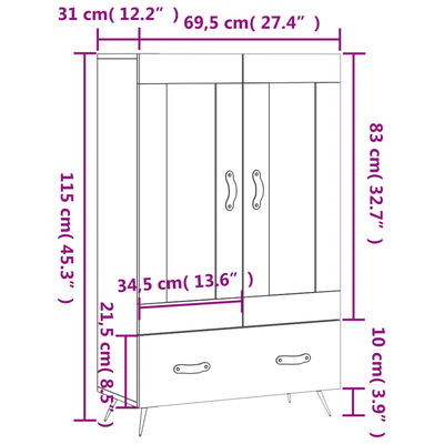 vidaXL Highboard Schwarz 69,5x31x115 cm Holzwerkstoff