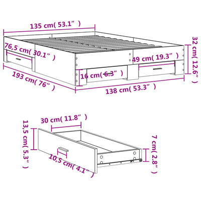 vidaXL Bettgestell mit Schubladen Räuchereiche 135x190cm Holzwerkstoff