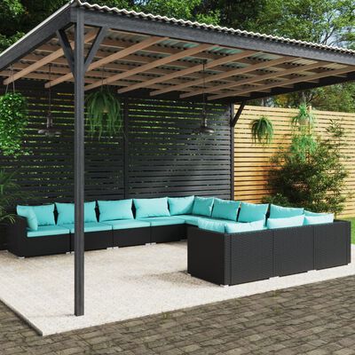 vidaXL 11-tlg. Garten-Lounge-Set mit Kissen Poly Rattan Schwarz