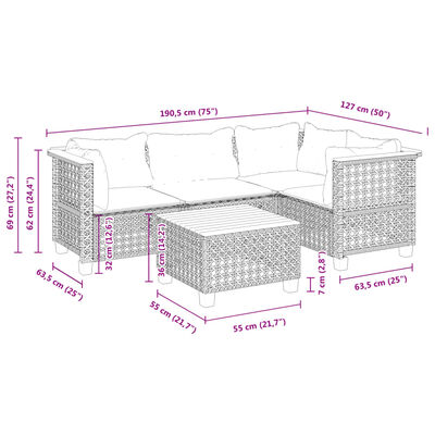 vidaXL 5-tlg. Garten-Sofagarnitur mit Kissen Schwarz Poly Rattan