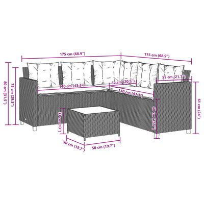 vidaXL Gartensofa in L-Form mit Tisch und Kissen Schwarz Poly Rattan