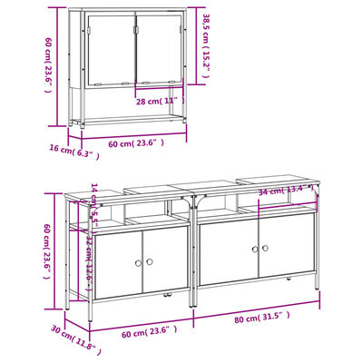 vidaXL 3-tlg. Badmöbel-Set Räuchereiche Holzwerkstoff