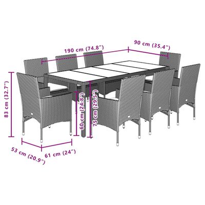 vidaXL 9-tlg. Garten-Essgruppe mit Kissen Schwarz Poly Rattan Akazie