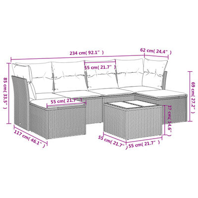 vidaXL 7-tlg. Garten-Sofagarnitur mit Kissen Grau Poly Rattan