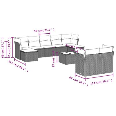 vidaXL 10-tlg. Garten-Sofagarnitur mit Kissen Grau Poly Rattan