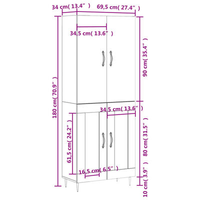 vidaXL Highboard Braun Eichen-Optik 69,5x34x180 cm Holzwerkstoff