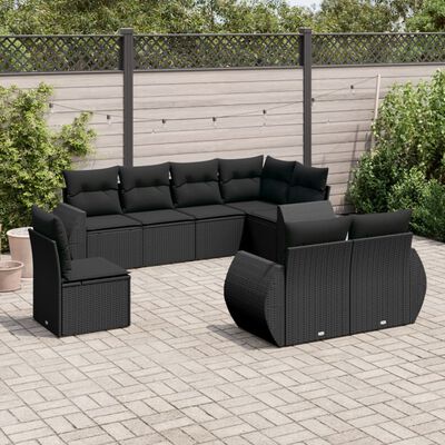 vidaXL 8-tlg. Garten-Sofagarnitur mit Kissen Schwarz Poly Rattan