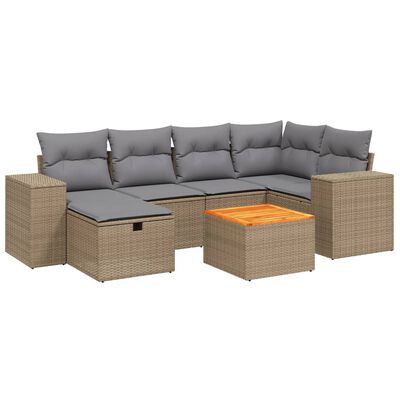 vidaXL 7-tlg. Garten-Sofagarnitur mit Kissen Beige Poly Rattan