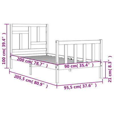 vidaXL Massivholzbett mit Kopfteil 90x200 cm