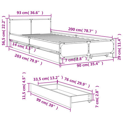 vidaXL Bettgestell mit Schubladen Grau Sonoma 90x200 cm Holzwerkstoff