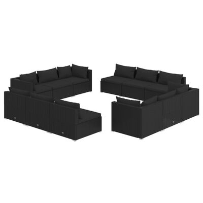 vidaXL 12-tlg. Garten-Lounge-Set mit Kissen Poly Rattan Schwarz