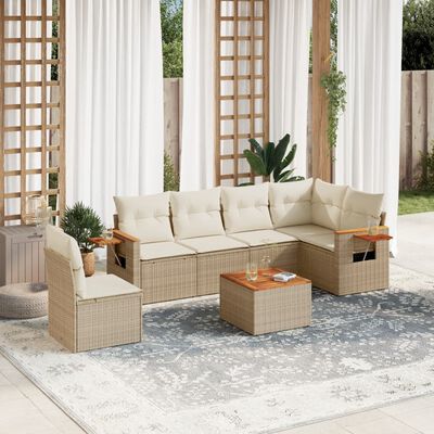 vidaXL 7-tlg. Garten-Sofagarnitur mit Kissen Beige Poly Rattan