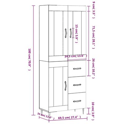 vidaXL Highboard Betongrau 69,5x34x180 cm Holzwerkstoff