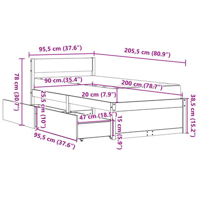 vidaXL Bett mit Schubladen und Matratze Weiß 90x200 cm Massivholz