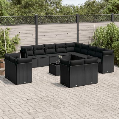 vidaXL 14-tlg. Garten-Sofagarnitur mit Kissen Schwarz Poly Rattan