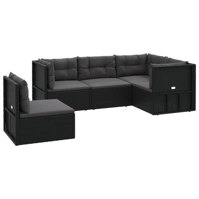 vidaXL 5-tlg. Garten-Lounge-Set mit Kissen Schwarz Poly Rattan