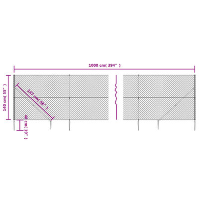 vidaXL Maschendrahtzaun mit Bodenhülsen Silbern 1,4x10 m