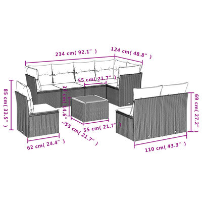 vidaXL 9-tlg. Garten-Sofagarnitur mit Kissen Beige Poly Rattan