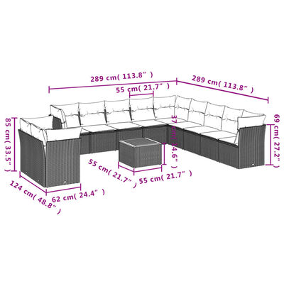 vidaXL 12-tlg. Garten-Sofagarnitur mit Kissen Schwarz Poly Rattan